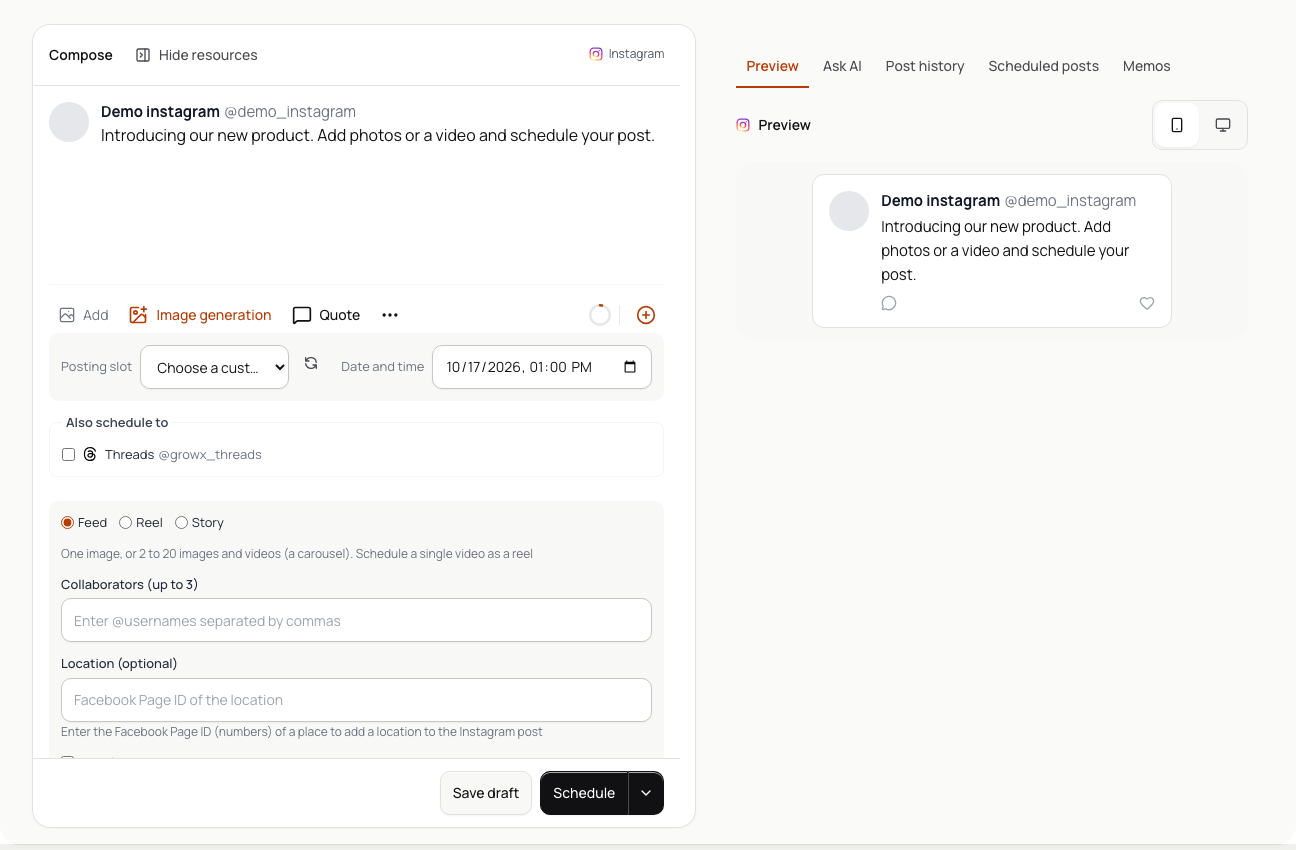 GrowX composer with text input on the left and a post preview on the right